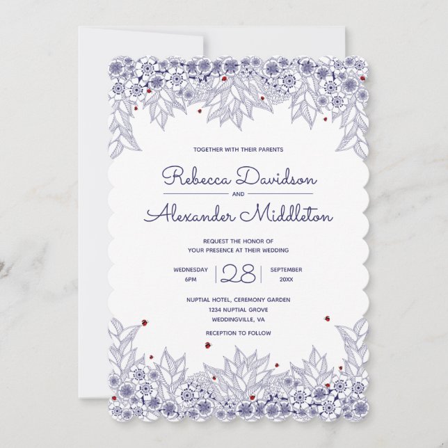 Invitación Elegante Boda de Vieira Blanca Azul (Anverso)