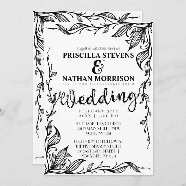 Invitación Elegante Boda de vino floral blanco y negro dibuja (Anverso / Reverso)