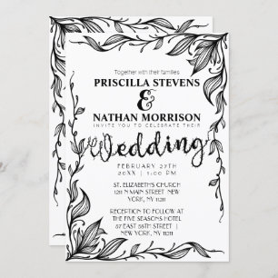 Invitación Elegante Boda de vino floral blanco y negro dibuja