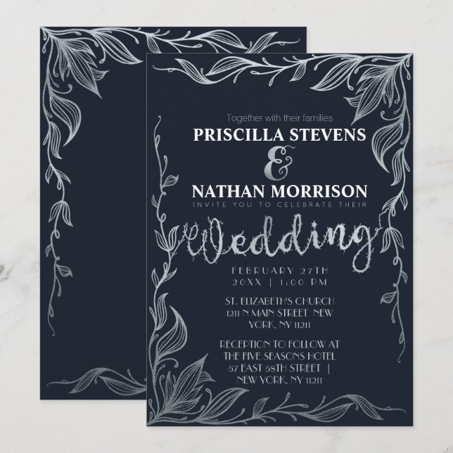 Invitación Elegante Boda de Vino Floral de la Marina de Plata (Anverso / Reverso)