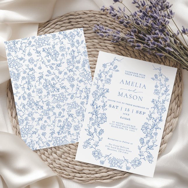 Invitación Elegante Boda de Vintage azul turquesa francesa (Elegant Blue French Toile Floral Frame Vintage Wedding Invitation )