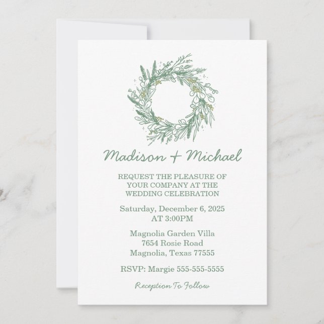 Invitación Elegante Boda de Wreath Botánico de Invierno Verde (Anverso)