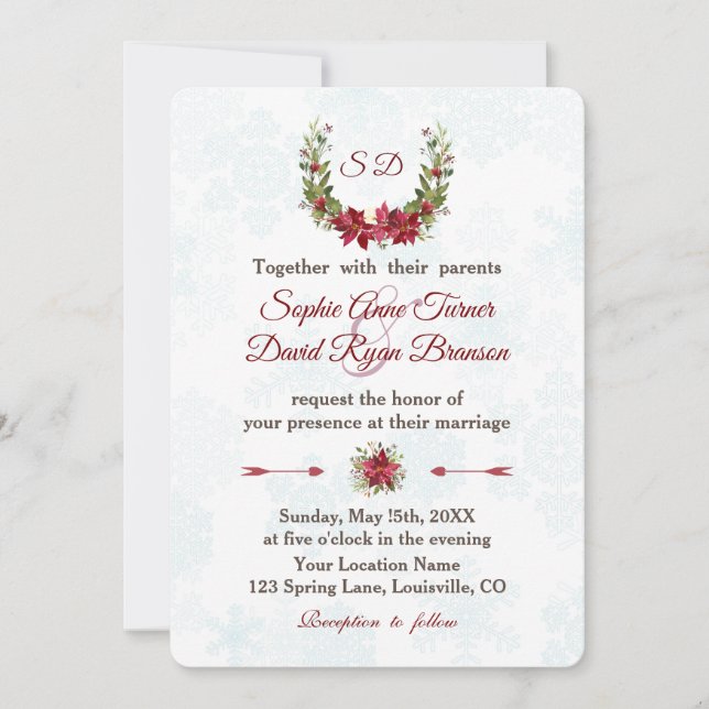 Invitación Elegante Boda de Wreath de Invierno de Poinsettia (Anverso)