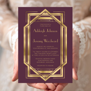 Invitación Elegante Boda Deco Borgoña Gold Vintage de los año