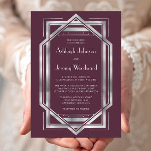 Invitación Elegante Boda Deco Borgoña Plata Vintage de los añ