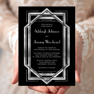 Invitación Elegante Boda Deco Vintage 1920 Negro Plata