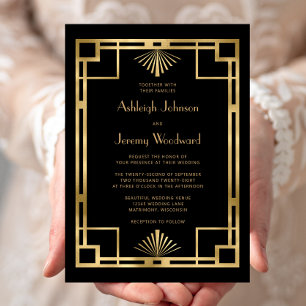 Invitación Elegante Boda Deco Vintage 1920s Geo de Oro Negro