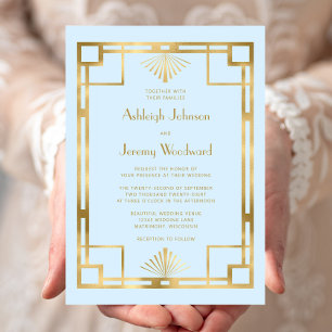 Invitación Elegante Boda Deco Vintage Azul Bebé Dorado Años 2