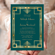 Elegante Boda Deco Vintage Geo Oro Verde Teal 1920