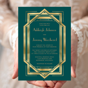 Invitación Elegante Boda Deco Vintage Teal Dorado Años 20