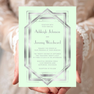 Invitación Elegante Boda Deco Vintage Verde Menta Plata