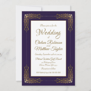 Invitación Elegante Boda decorativo de borde morado y dorado