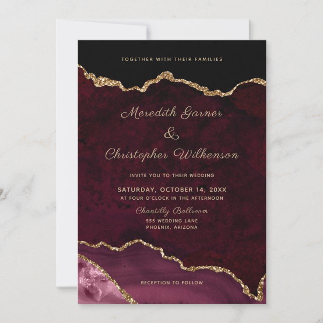 Invitación Elegante Boda del Agate de Borgoña de Oro (Anverso)