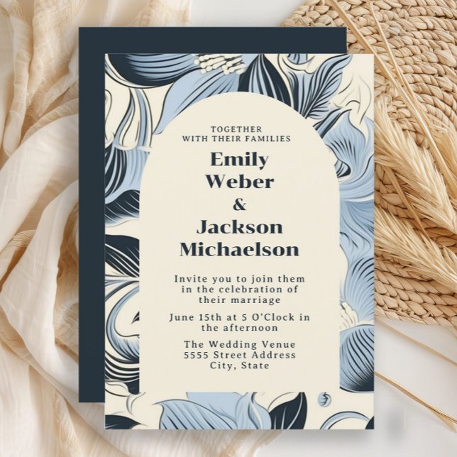 Invitación Elegante Boda del Arco Azul de la Marina (Navy blue, light lblue, and cream-colored retro style flowers wedding invitation)