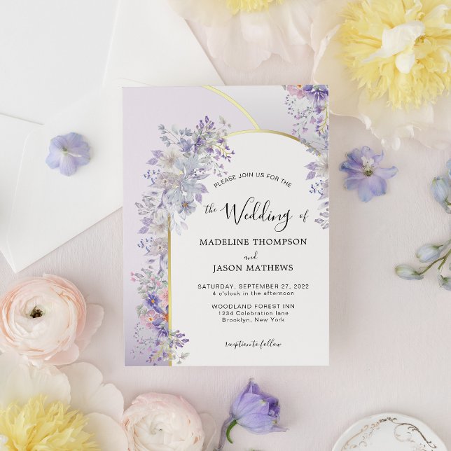Invitación Elegante Boda del Arco de Oro de Foliage Purple Fl (Subido por el creador)