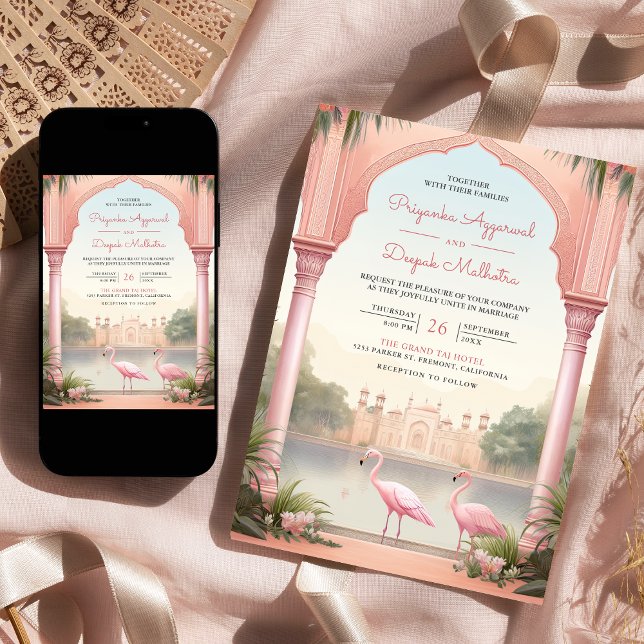 Invitación Elegante Boda del Arco del Palacio Indio Flamingos (Subido por el creador)