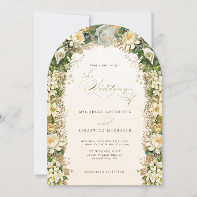 Invitación Elegante Boda del arco floral blanco dorado (Anverso)