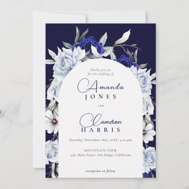 Invitación Elegante Boda del arco floral de la Marina Azul (Anverso)
