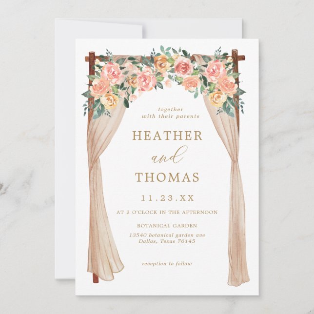 Invitación Elegante Boda del Arco Floral de Oro y Peach (Anverso)