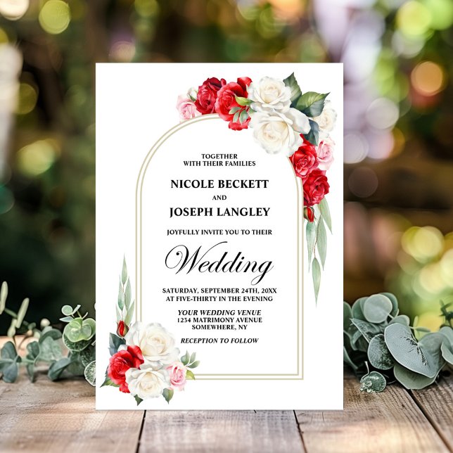 Invitación Elegante Boda del arco floral rosa blanca roja (Subido por el creador)