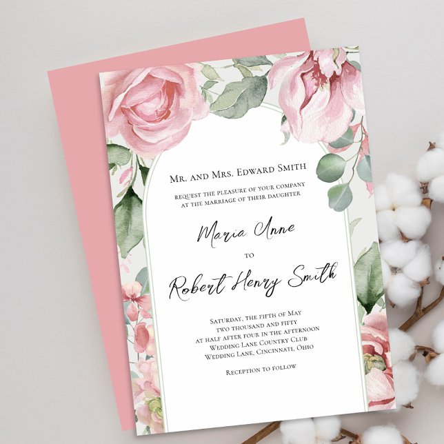 Invitación Elegante Boda del arco floral rosa de Rubor (Wedding invitation with watercolor floral. )