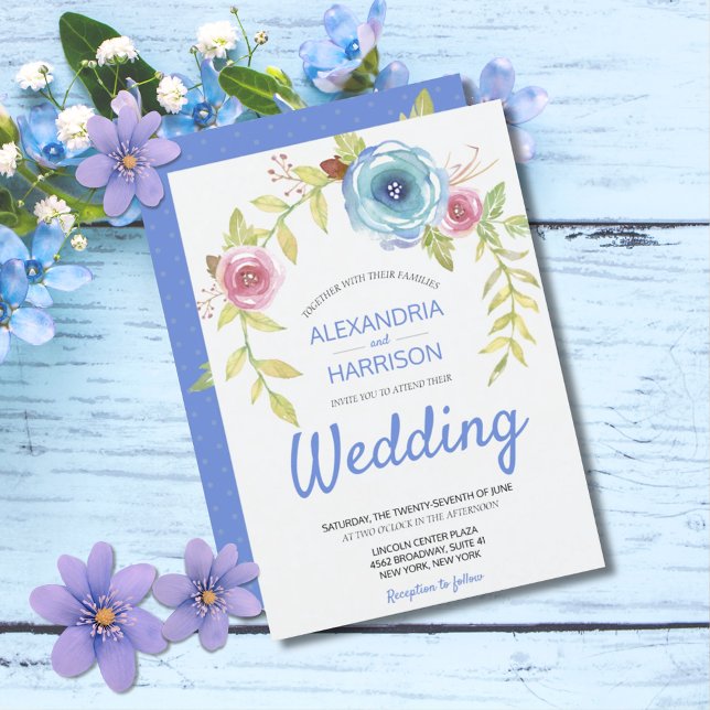 Invitación Elegante Boda del arco floral rosa rosa rosa azul  (Elegant Boho Blue Pink Rose Floral Wedding Invitation)