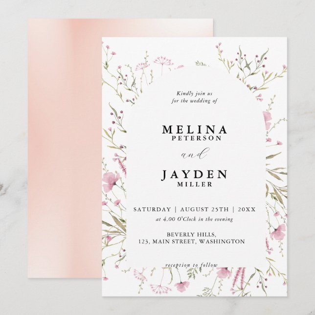 Invitación Elegante Boda del arco floral salvaje rosado (Anverso / Reverso)