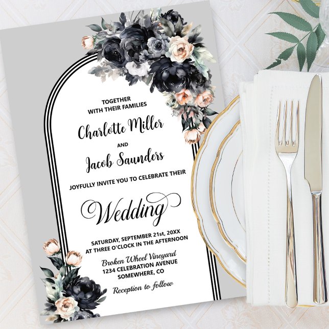 Invitación Elegante Boda del arco grisáceo floral negro de Sm (Subido por el creador)