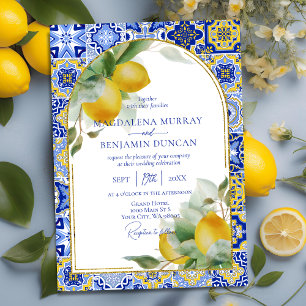 Invitación Elegante Boda del Arco Oro Italiano Azul Tile Lemo