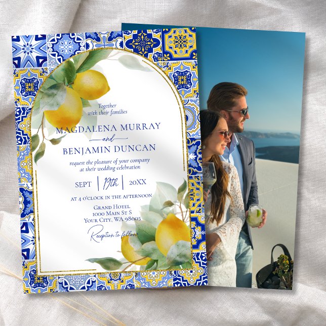 Invitación Elegante Boda del Arco Oro Italiano Azul Tile Lemo (Subido por el creador)