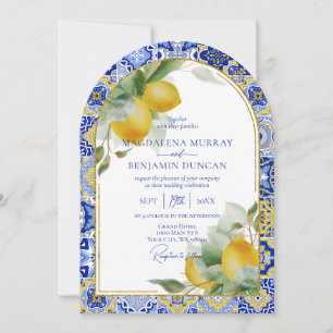 Invitación Elegante Boda del Arco Oro Italiano Azul Tile Lemo