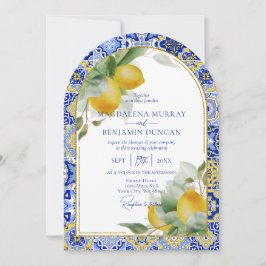 Invitación Elegante Boda del Arco Oro Italiano Azul Tile Lemo