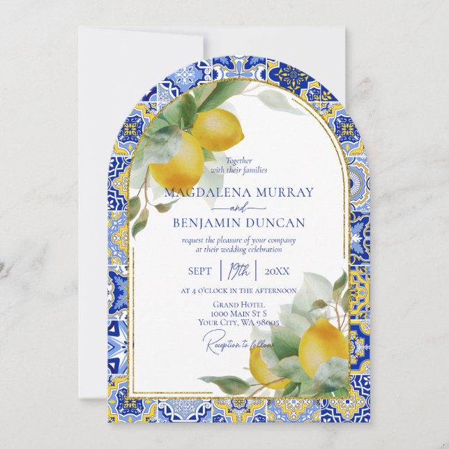 Invitación Elegante Boda del Arco Oro Italiano Azul Tile Lemo (Anverso)