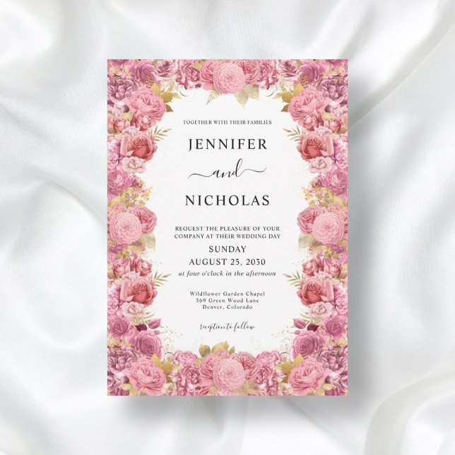 Invitación Elegante Boda del Boho de borde floral rosado (Subido por el creador)