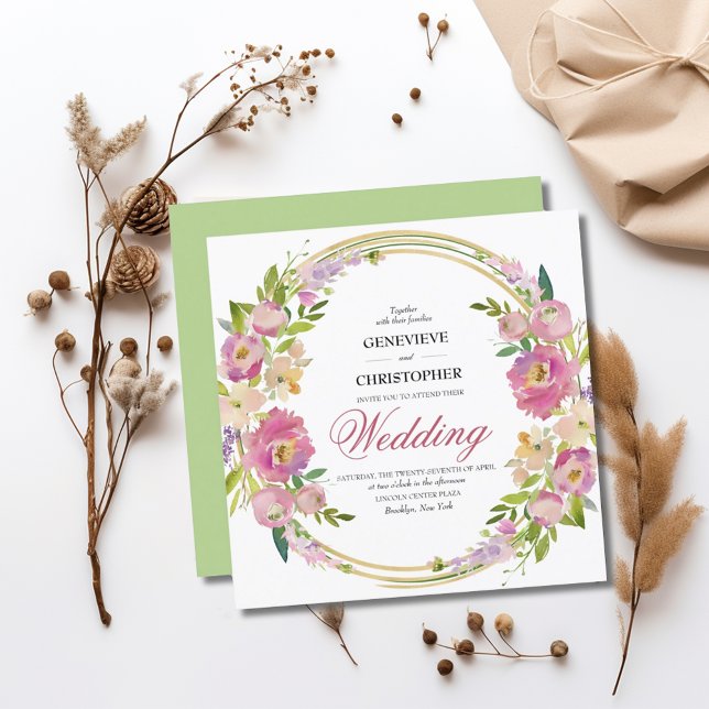 Invitación Elegante Boda del Boho Spring Floral Gold Square (Elegant Spring Floral Boho Wildflowers Square Wedding Invitation)