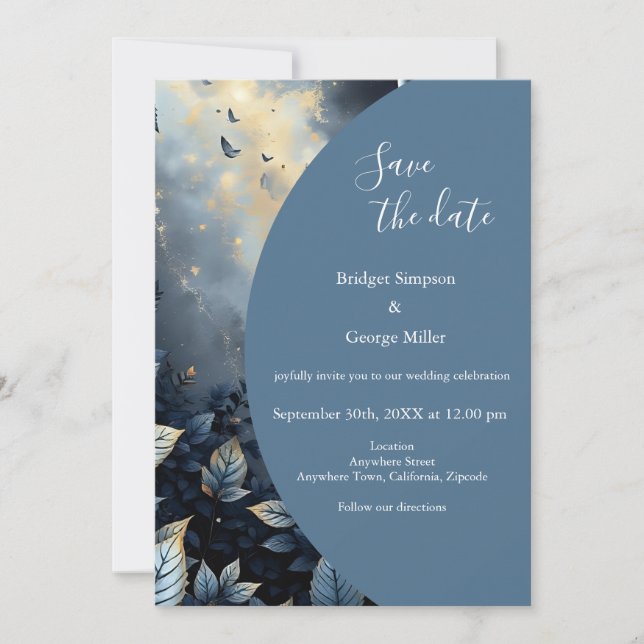 Invitación Elegante Boda del Bosque Azul y Oro de Medianoche (Anverso)