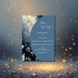 Invitación Elegante Boda del Bosque Azul y Oro de Medianoche
