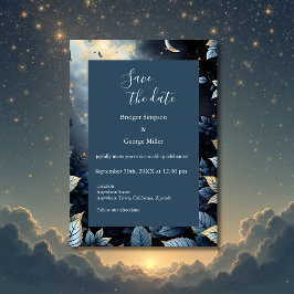 Invitación Elegante Boda del Bosque Azul y Oro de Medianoche