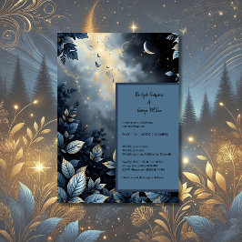 Invitación Elegante Boda del Bosque Azul y Oro de Medianoche