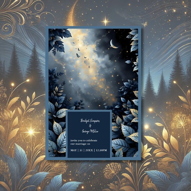 Invitación Elegante Boda del Bosque Azul y Oro de Medianoche (Subido por el creador)