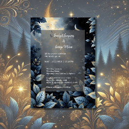 Invitación Elegante Boda del Bosque Azul y Oro de Medianoche