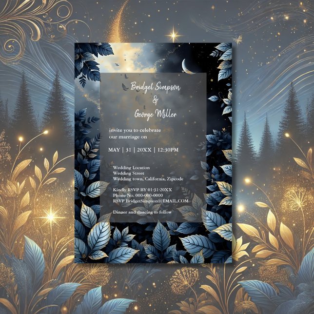 Invitación Elegante Boda del Bosque Azul y Oro de Medianoche (Subido por el creador)