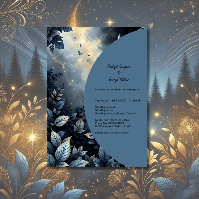 Invitación Elegante Boda del Bosque Azul y Oro de Medianoche (Subido por el creador)