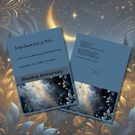 Invitación Elegante Boda del Bosque Azul y Oro de Medianoche