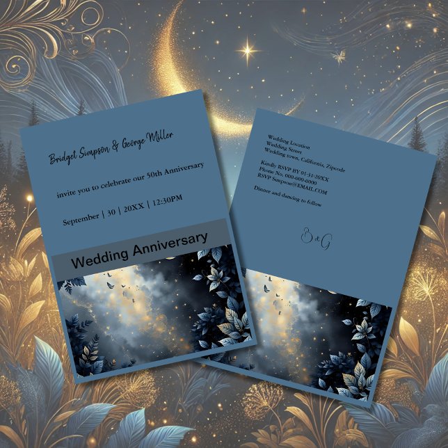 Invitación Elegante Boda del Bosque Azul y Oro de Medianoche (Subido por el creador)