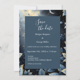 Invitación Elegante Boda del Bosque Azul y Oro de Medianoche