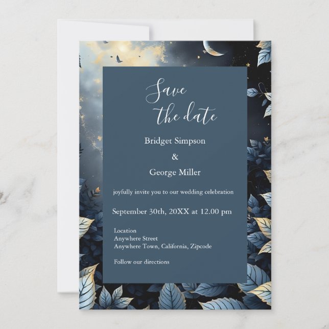 Invitación Elegante Boda del Bosque Azul y Oro de Medianoche (Anverso)