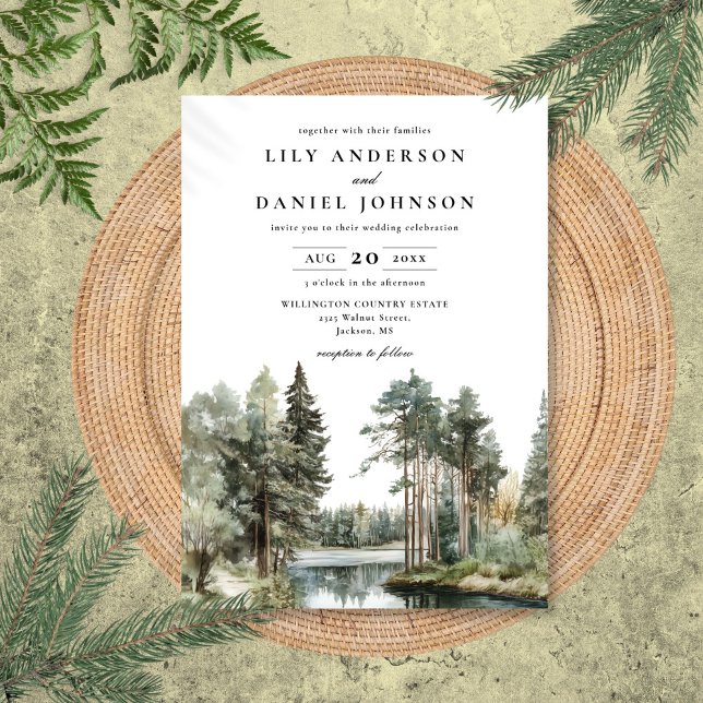 Invitación Elegante Boda del bosque de bosques del lago acuát (Elegant Watercolor Lake Forest Woodland Wedding Invitation)