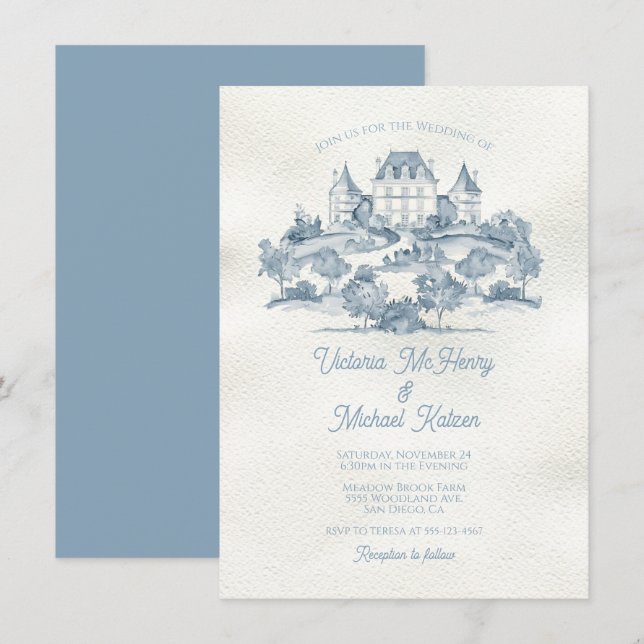 Invitación Elegante Boda del castillo de flores de toile fran (Anverso / Reverso)