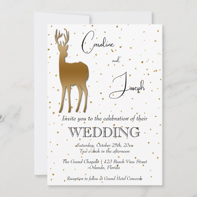 Invitación Elegante Boda del Deer Oro y del Confetti Oro (Anverso)